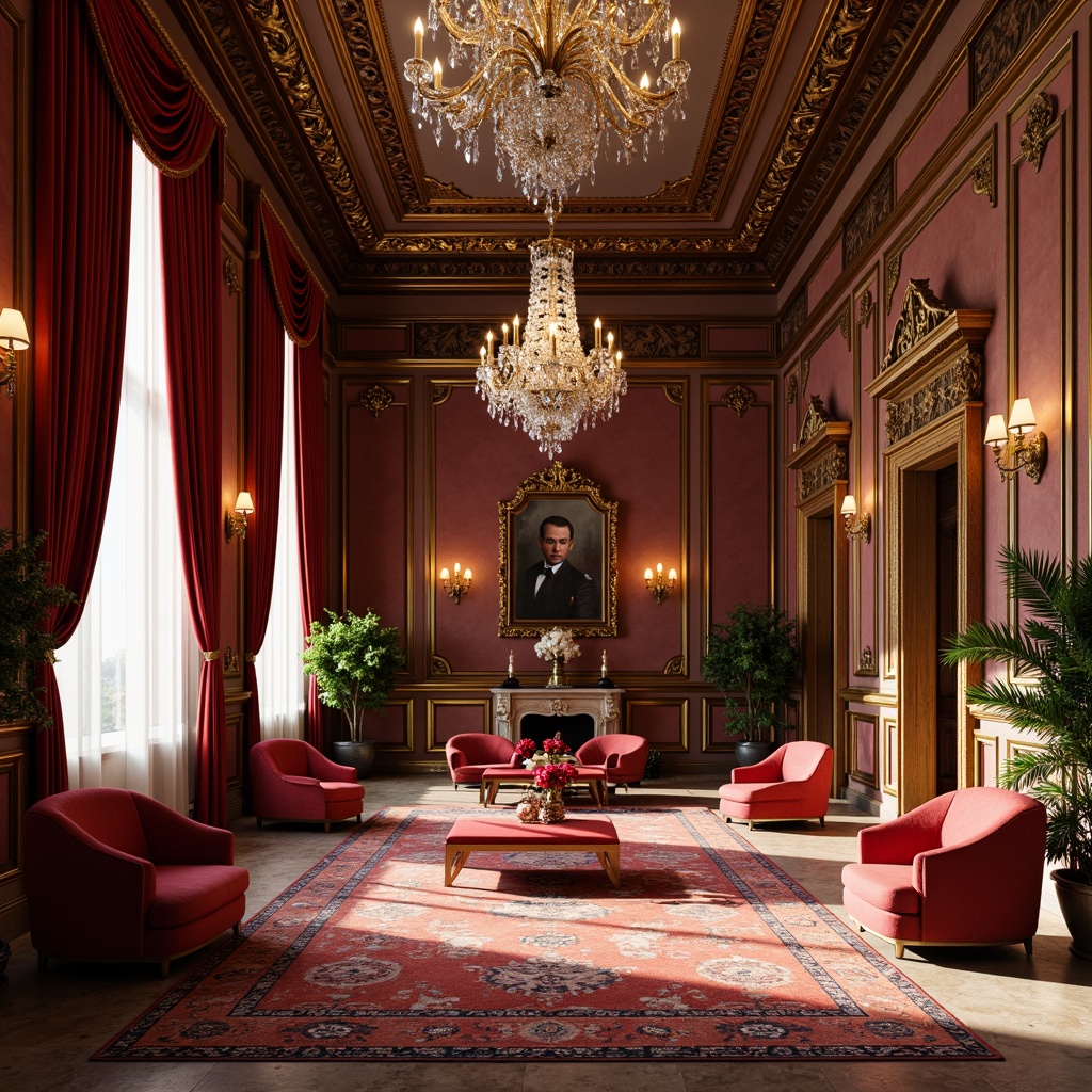 Prompt: Luxurious Baroque interior, rich velvet fabrics, ornate golden accents, lavish crystal chandeliers, intricate marble patterns, opulent drapery, bold red and gold hues, deep jewel-toned colors, subtle sheen finishes, dramatic high ceilings, grandiose architectural details, soft warm lighting, 1/1 composition, realistic textures, ambient occlusion.