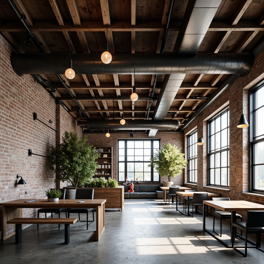 Prompt: Exposed ductwork, metal beams, industrial-chic lighting, reclaimed wood accents, distressed concrete floors, urban loft atmosphere, modern minimalist decor, sleek steel fixtures, matte black finishes, Edison bulbs, functional pipework, rugged stone walls, neutral color palette, high ceilings, large windows, natural light pouring in, shallow depth of field, 3/4 composition, realistic textures, ambient occlusion.