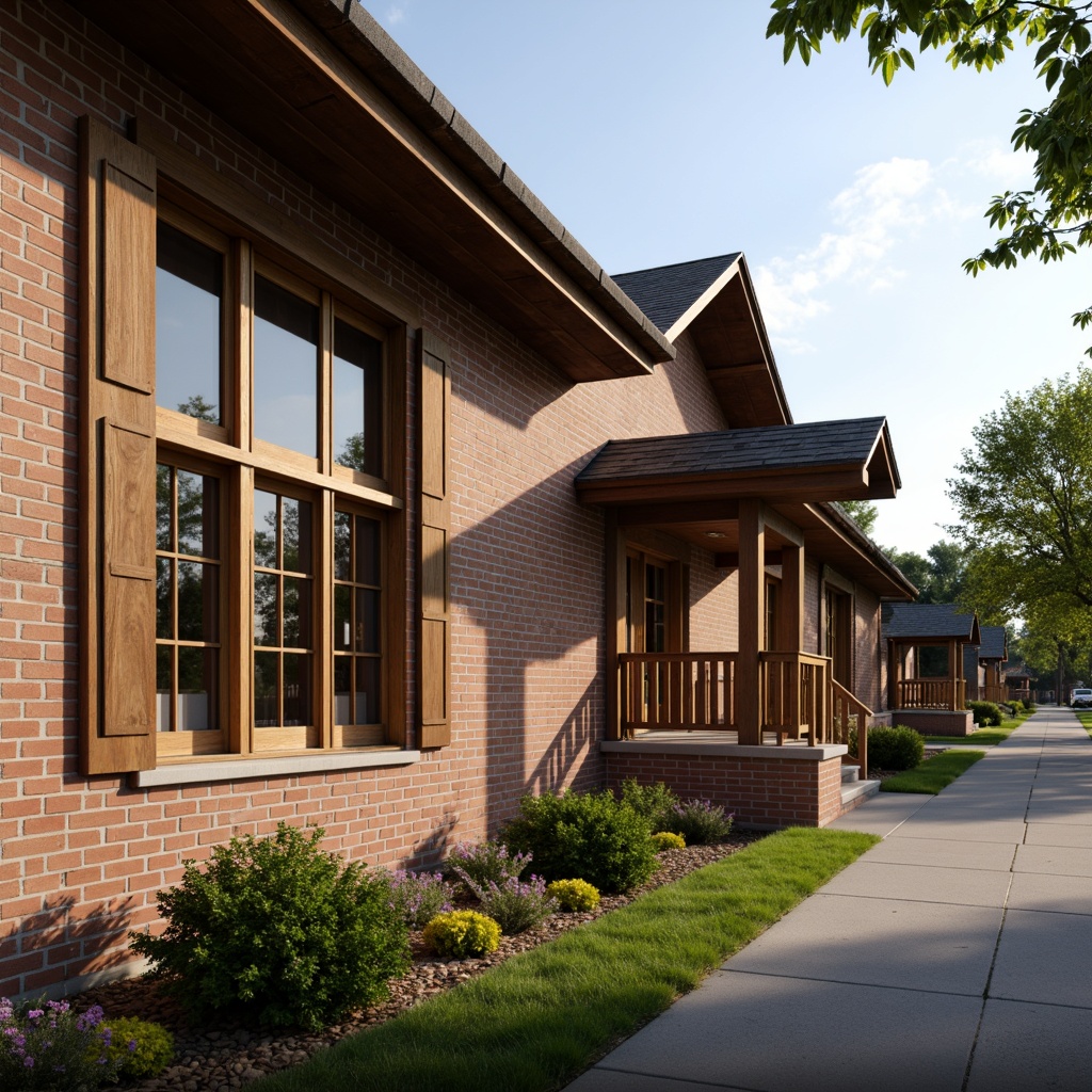 Prompt: Rustic wooden windows, divided light panels, earthy tones, natural materials, traditional craftsmanship, ornate trims, wooden shutters, elementary school facade, brick exterior walls, pitched roofs, greenery surroundings, blooming flowers, sunny day, soft warm lighting, shallow depth of field, 3/4 composition, panoramic view, realistic textures, ambient occlusion.