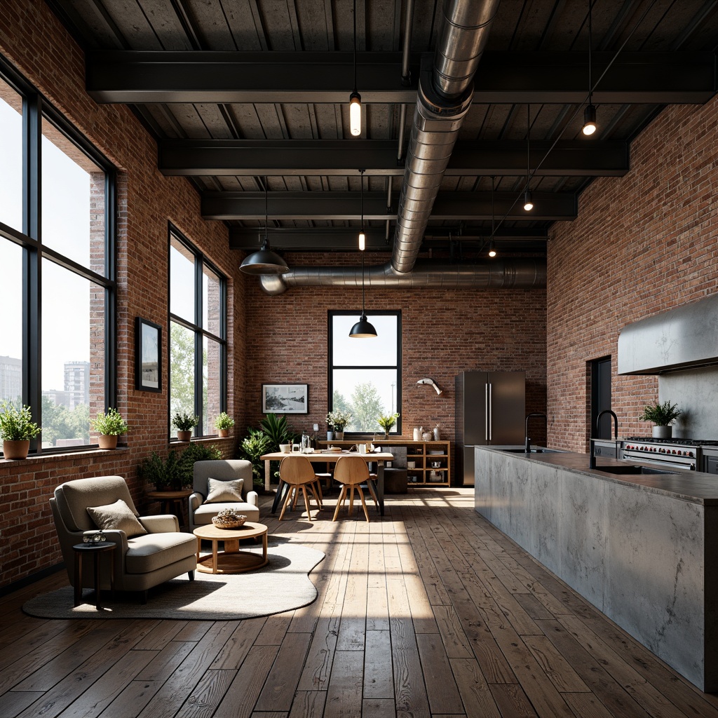 Prompt: Exposed brick walls, metal beams, reclaimed wood floors, industrial-style lighting fixtures, urban loft atmosphere, open-concept living space, distressed finishes, edgy modern furniture, exposed ductwork, concrete countertops, sleek metal appliances, minimalist decor, functional simplicity, high ceilings, large windows, natural light pouring in, gritty textured surfaces, moody color palette, dramatic shadows, cinematic ambiance, dynamic composition, bold geometric shapes.