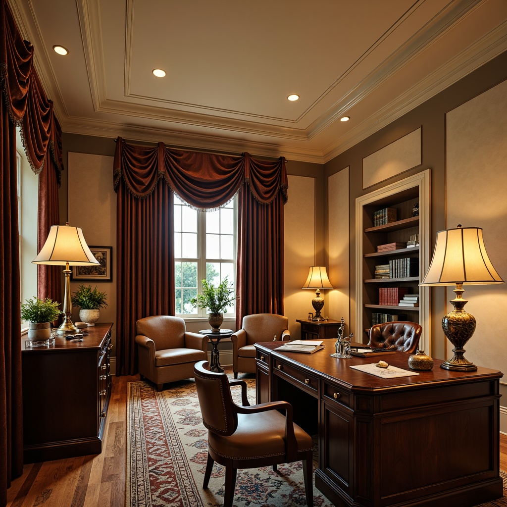 Prompt: Traditional home office, classic elegance, warm beige walls, dark wood furniture, leather-bound books, vintage desk lamps, ornate metal fixtures, soft warm lighting, table lamps with cream shades, floor lamps with bronze bases, pendant lights with crystal drops, recessed ceiling lights, coffered ceiling, rich velvet drapes, comfortable armchairs, classic artwork, traditional rugs, subtle textures, realistic materials, 1/1 composition, soft focus, warm color tone.