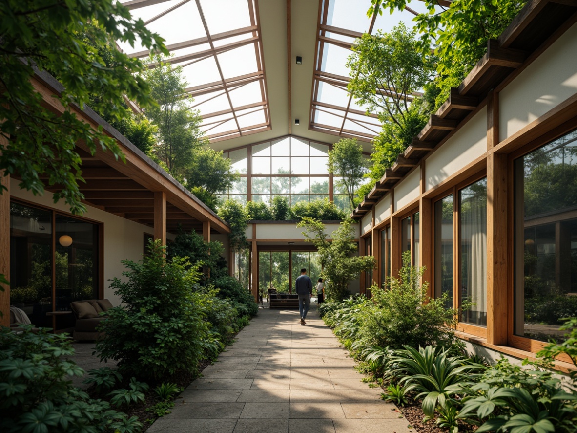 Prompt: Soothing Asian-style greenhouse, lush greenery, tropical plants, natural stone pathways, wooden trellises, bamboo accents, sliding glass doors, clerestory windows, skylights, warm soft lighting, shallow depth of field, 1/2 composition, realistic textures, ambient occlusion, misty atmosphere, dew drops on leaves, subtle shadows, gentle breeze, serene ambiance.