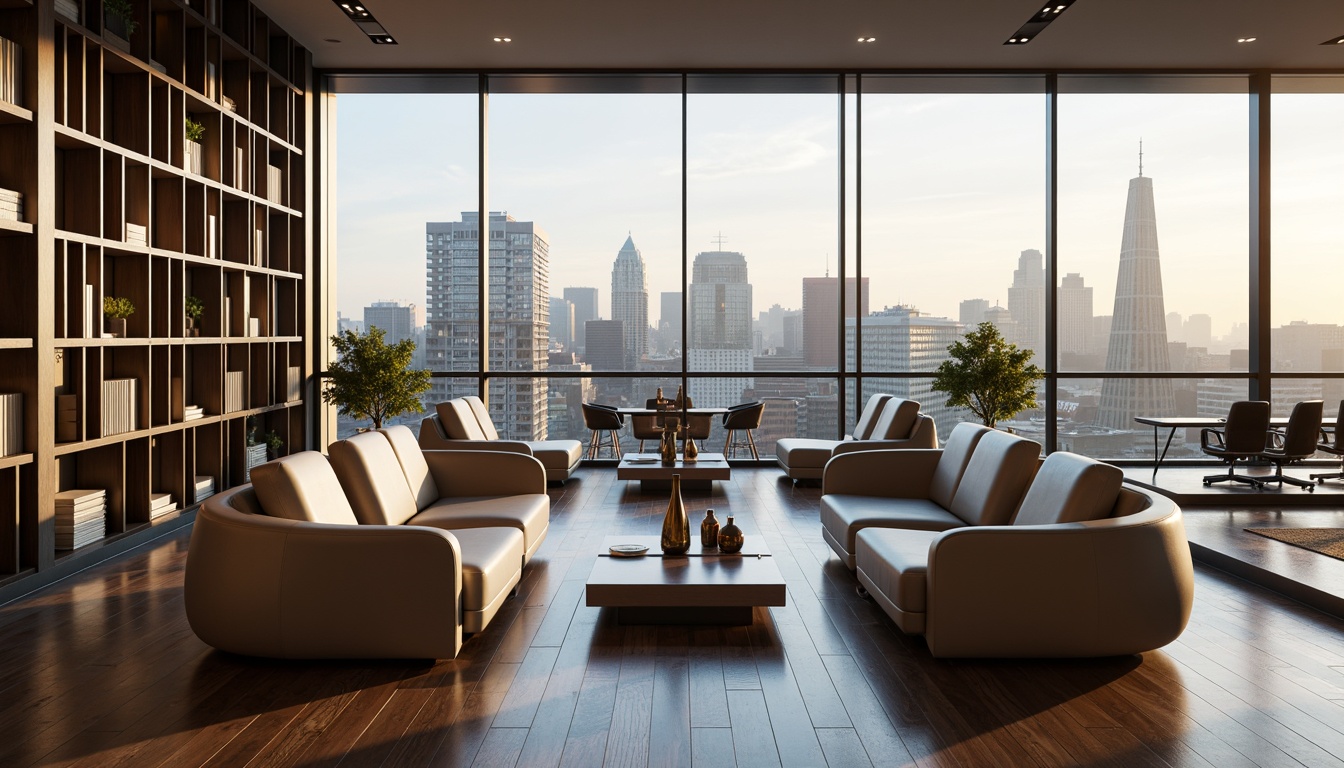 Prompt: Curved sofas, minimalist coffee tables, metallic accents, sleek LED lighting, polished wooden floors, geometric patterns, futuristic chairs, ergonomic design, adjustable headrests, built-in USB ports, floor-to-ceiling windows, urban cityscape views, soft morning sunlight, shallow depth of field, 2/3 composition, realistic reflections, ambient occlusion, modern Streamline Moderne style.