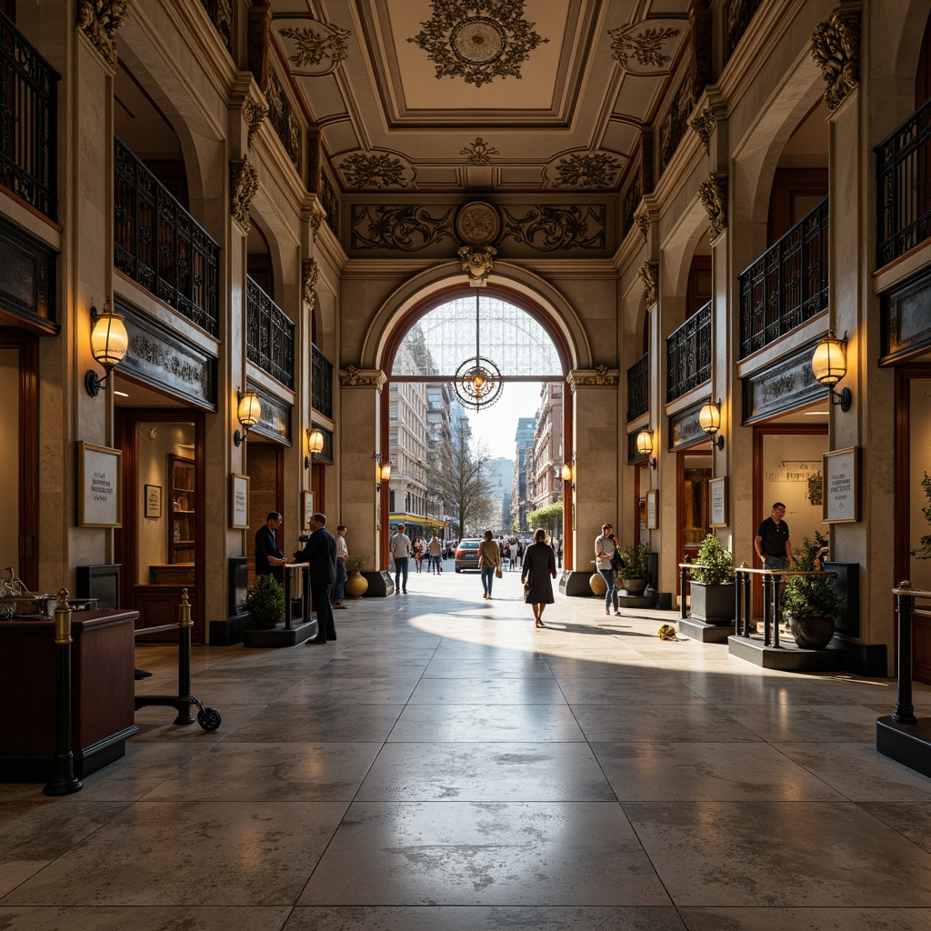 Prompt: Granite flooring, classic stone walls, ornate metal railings, vintage lighting fixtures, high ceilings, grand archways, intricate moldings, decorative columns, traditional signage, busy city atmosphere, natural light pouring in, shallow depth of field, 1/2 composition, warm color tone, realistic textures, ambient occlusion.