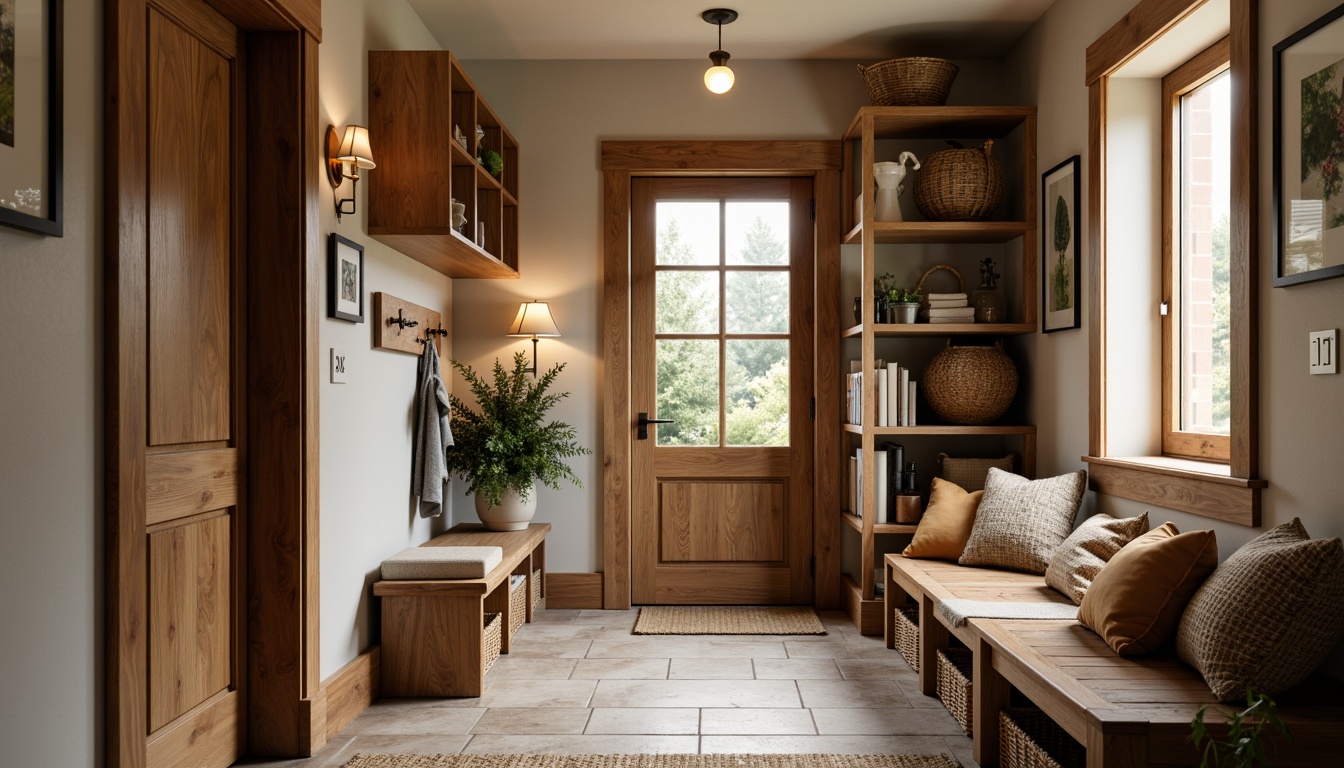 Prompt: Cozy mudroom, rustic wooden accents, earthy tone walls, natural stone flooring, woven baskets, vintage outdoor gear, warm soft lighting, table lamps, pendant lights, recessed ceiling fixtures, ambient illumination, layered lighting effects, warm beige colors, organic textures, nature-inspired decorative elements, botanical prints, wooden bench seating, built-in storage cubbies, functional shelving units, calm atmosphere, serene ambiance, soft focus photography, shallow depth of field, 1/1 composition, realistic rendering.