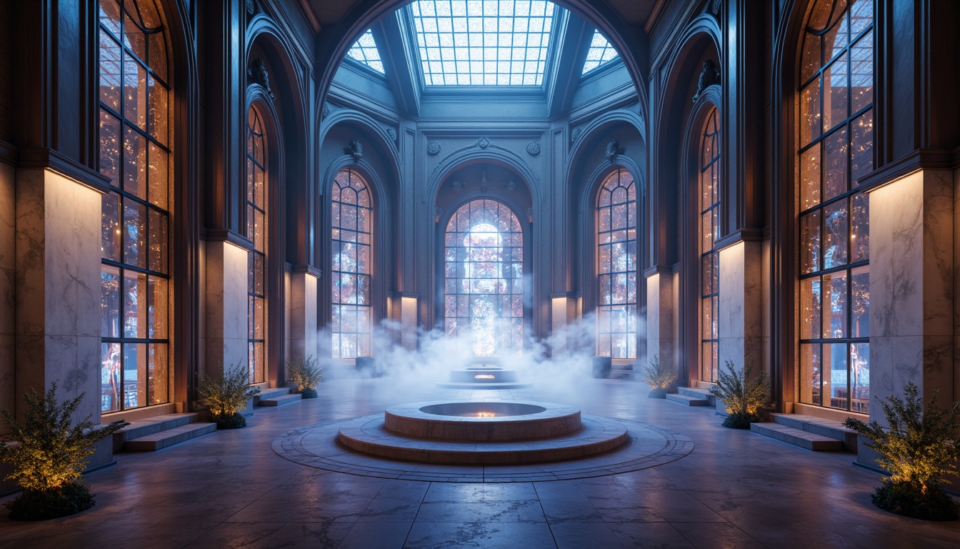 Prompt: Futuristic temple, ethereal atmosphere, iridescent stained glass windows, gleaming metallic accents, holographic projections, neon-lit corridors, levitating platforms, circular sanctuaries, angular columns, sweeping arches, minimalist altars, ambient luminescence, soft pulsing lights, atmospheric mist, shallow depth of field, 1/2 composition, symmetrical framing, cinematic lighting, photorealistic textures, ray tracing, sacred geometries, hieroglyphic patterns, luminescent orbs.