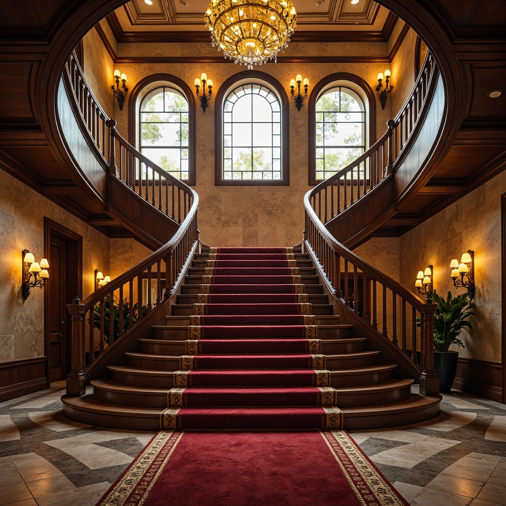 Prompt: Grandiose staircase, ornate balusters, polished wooden handrails, intricately carved newel posts, curved lines, symmetrical composition, luxurious velvet carpets, richly textured stone walls, majestic chandeliers, warm golden lighting, subtle shadows, Renaissance-inspired motifs, elegant metalwork, refined proportions, harmonious curves, balanced architecture, stately atmosphere, soft focus effect, 2/3 composition, classical ornaments.