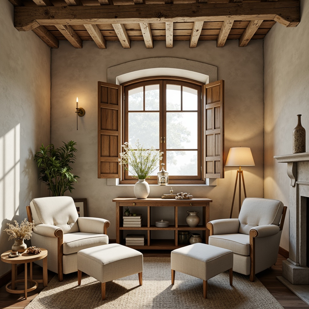 Prompt: Rustic French country cottage, distressed wood accents, soft creamy walls, warm beige tones, ornate wooden shutters, natural linen fabrics, vintage-inspired furniture, elegant gold hardware, subtle texture variations, soft diffused lighting, warm candlelight ambiance, 1/2 composition, intimate cozy atmosphere, realistic worn edges, ambient occlusion.