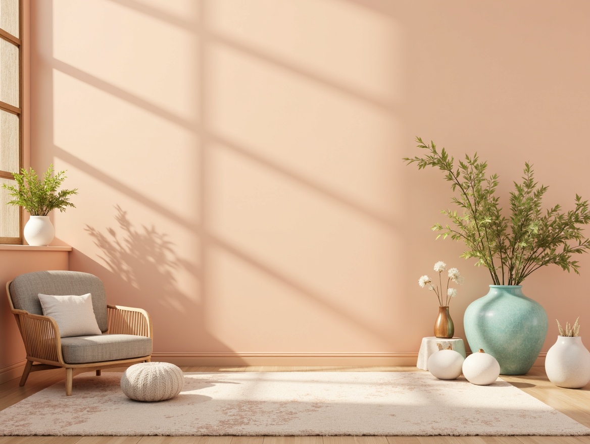 Prompt: Soft peach tones, calming beige backgrounds, warm golden accents, rich turquoise highlights, creamy white textures, subtle lavender undertones, natural woodgrain patterns, earthy terracotta inspirations, serene misty mornings, gentle warm lighting, shallow depth of field, 1/2 composition, realistic renderings, ambient occlusion.