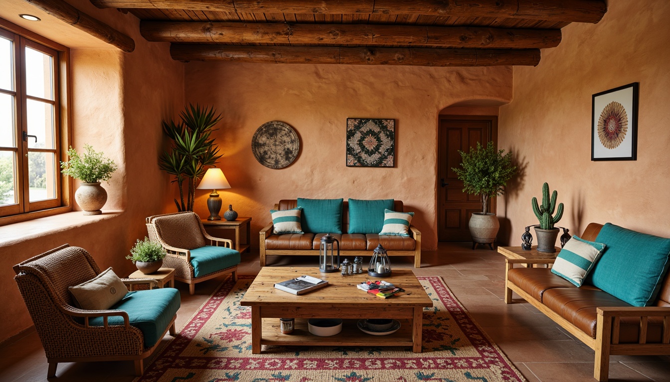 Prompt: Earth-toned adobe walls, rustic wooden furniture, woven wicker chairs, vibrant turquoise accents, colorful Navajo patterns, plush desert-inspired textiles, natural fiber rugs, reclaimed wood coffee tables, vintage metal lanterns, distressed leather sofas, cactus-shaped decorative accents, geometric tile work, warm golden lighting, soft focus photography, 1/2 composition, intimate atmosphere.