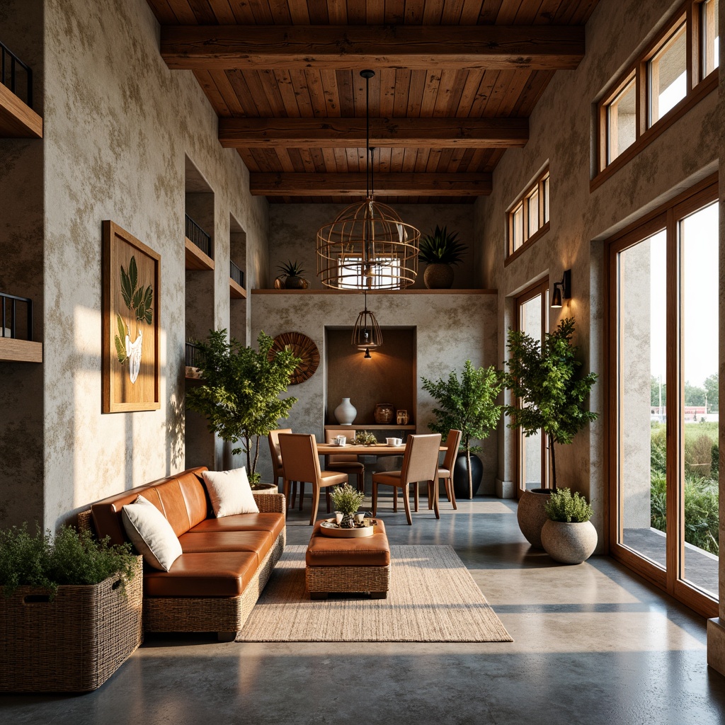 Prompt: Rustic farmhouse interior, reclaimed wood accents, natural stone walls, earthy tone color palette, woven wicker furniture, vintage metal decorations, distressed leather upholstery, potted greenery, exposed wooden beams, modern airport amenities, sleek minimalistic lighting, soft warm ambiance, shallow depth of field, 1/2 composition, realistic textures, ambient occlusion.