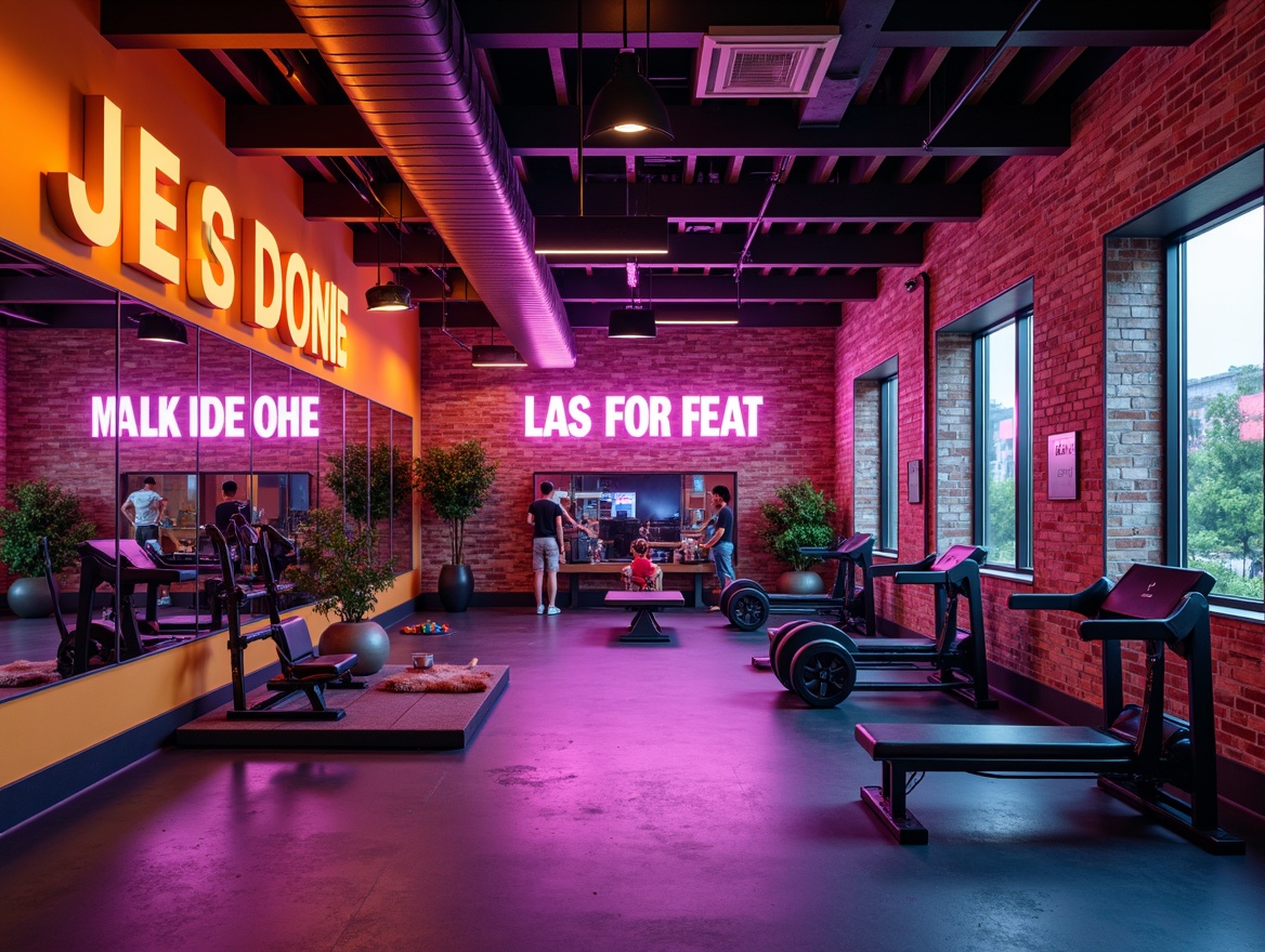 Prompt: Vibrant home gym, bold color scheme, energetic atmosphere, neon accents, motivational quotes, sleek fitness equipment, rubber flooring, mirrored walls, modern industrial design, exposed ductwork, reclaimed wood accents, natural stone features, abundant natural light, softbox lighting, shallow depth of field, 1/1 composition, realistic textures, ambient occlusion.