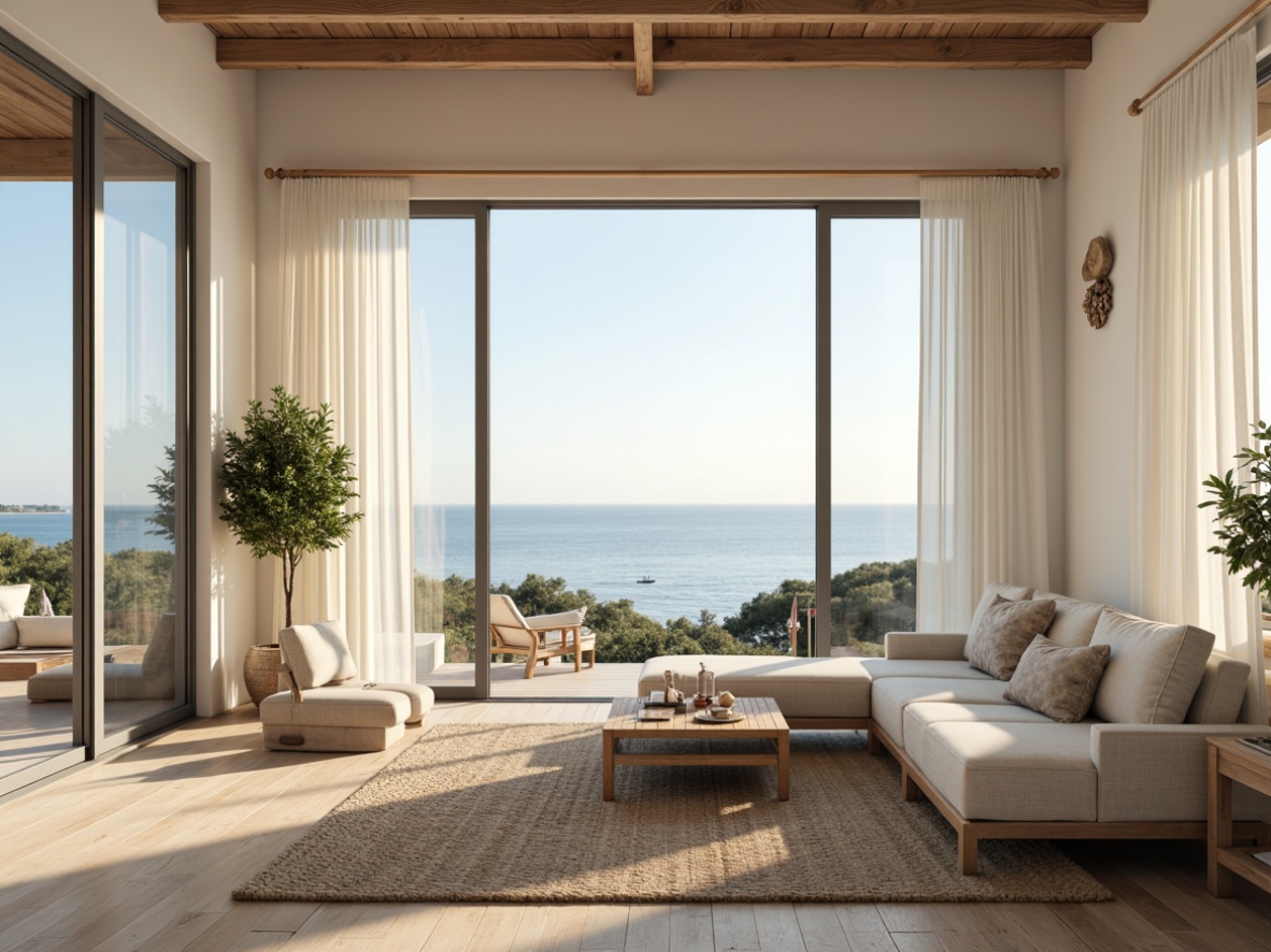 Prompt: Coastal living room, large windows, sliding glass doors, ocean views, natural light pouring in, sheer white curtains, minimalist decor, soft beige walls, reclaimed wood floors, woven sea grass rugs, comfortable linen sofas, nautical accents, shells and driftwood decorations, calm color palette, serene ambiance, warm sunny day, soft diffused lighting, shallow depth of field, 1/1 composition, realistic textures.