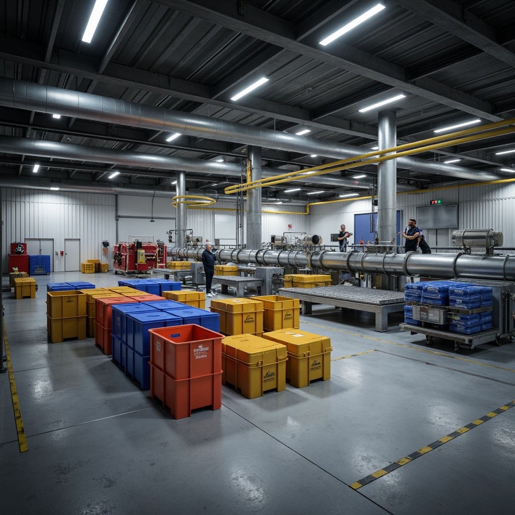 Prompt: Industrial setting, polyethylene storage containers, metallic machinery, concrete floors, fluorescent lighting, modern factory architecture, functional design, durable materials, high-density polyethylene (HDPE) pipes, corrugated plastic sheets, textured surfaces, matte finishes, subtle color palette, neutral tones, 1/1 composition, realistic rendering, ambient occlusion.