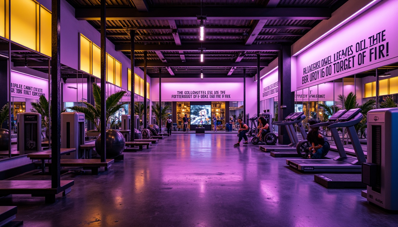 Prompt: Vibrant home gym, bold color scheme, energetic atmosphere, motivational quotes, industrial-style equipment, heavy metal frames, sleek exercise machines, neon-lit mirrors, rubber flooring, modern LED lighting, bright accent walls, dynamic abstract art, high-gloss finishes, intense workout vibes, futuristic design elements, metallic accents, bold typography, contrasting textures, urban loft-inspired aesthetic, dramatic shadowing, 1/1 composition, cinematic lighting, realistic reflections.