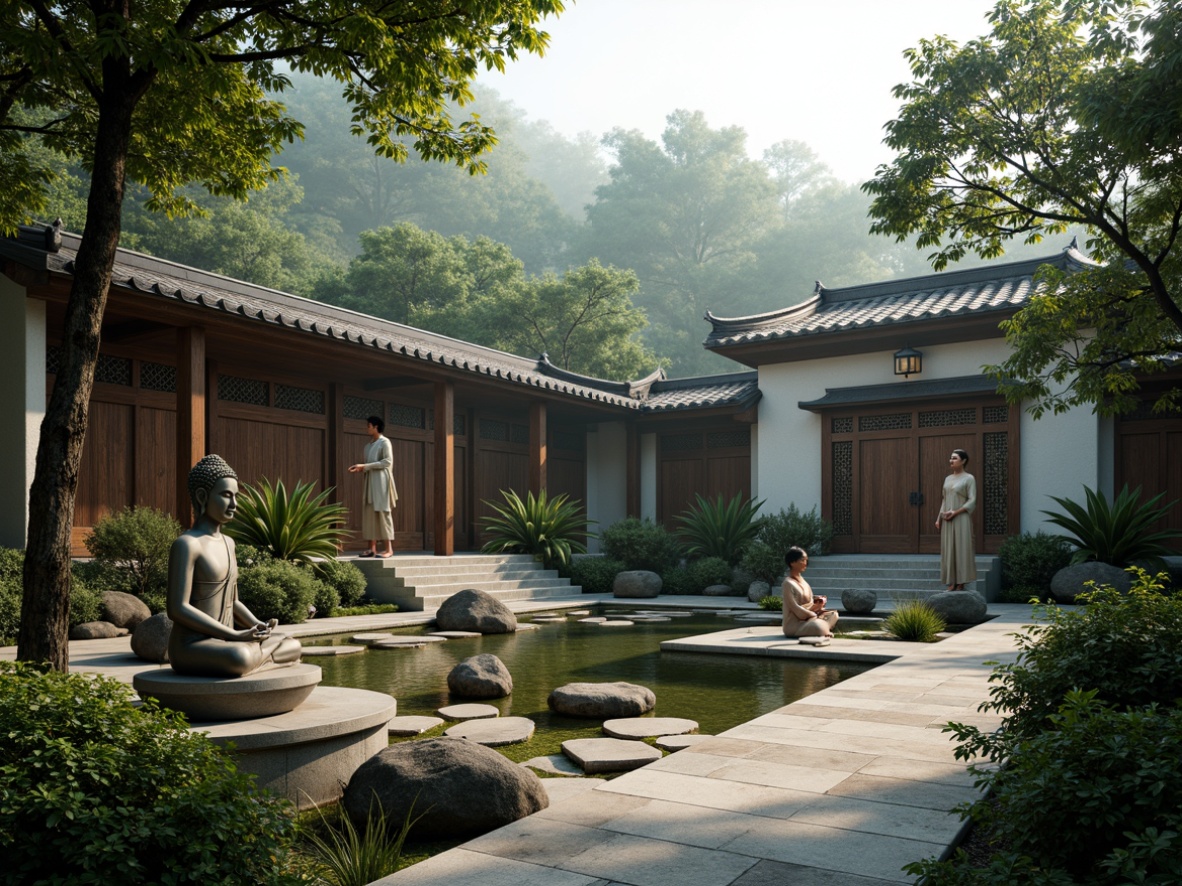 Prompt: Serene monastery courtyard, lush greenery, tranquil water features, intricately carved wooden doors, traditional Asian-inspired roofs, ornate lanterns, majestic stone Buddha statues, peaceful meditation areas, natural stone pathways, subtle lighting, misty morning atmosphere, shallow depth of field, 1/1 composition, warm color palette, realistic textures, ambient occlusion.