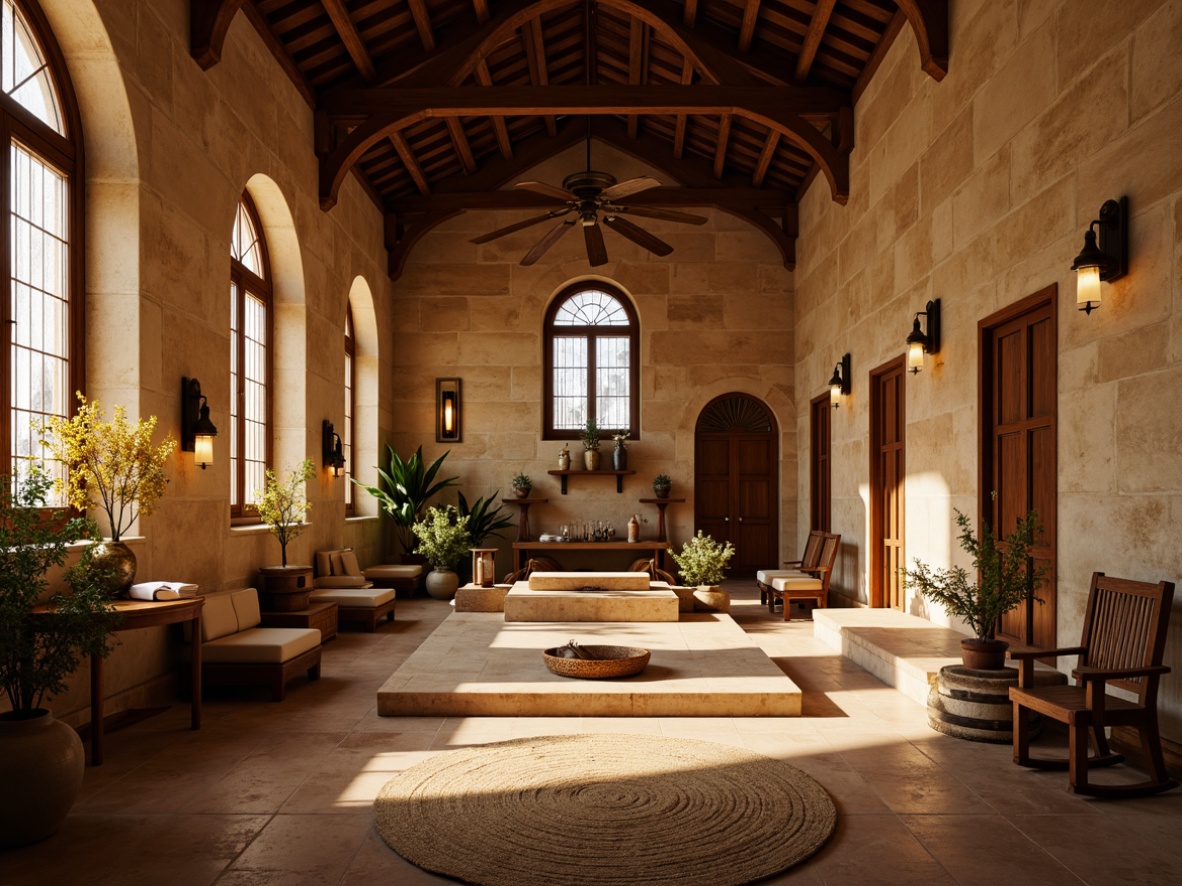 Prompt: Serene monastery interior, warm beige stone walls, rich wood accents, ornate carvings, stained glass windows, soft candlelight, peaceful ambiance, earthy terracotta floors, natural fiber textiles, minimalist decor, subtle gold detailing, spiritual symbols, mystical artifacts, dimmed warm lighting, 1/2 composition, shallow depth of field, realistic textures, ambient occlusion.