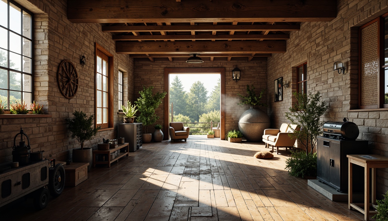 Prompt: Rustic wooden planks, distressed metal surfaces, rough-hewn stone walls, vintage industrial machinery, exposed brick facades, worn concrete floors, reclaimed wood accents, earthy color palette, natural light pouring in, soft warm atmosphere, cinematic depth of field, 1/1 composition, dramatic shadows, realistic ambient occlusion.