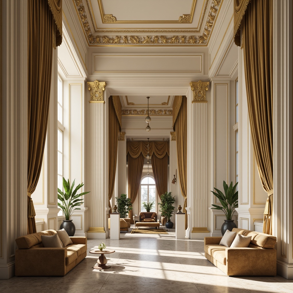 Prompt: Elegant neoclassical facade, subtle cream-colored walls, rich gold accents, ornate moldings, grand columns, symmetrical architecture, sophisticated interior spaces, lavish furnishings, velvet drapes, intricate patterns, soft warm lighting, high contrast ratio, 1/1 composition, shallow depth of field, realistic textures, ambient occlusion.