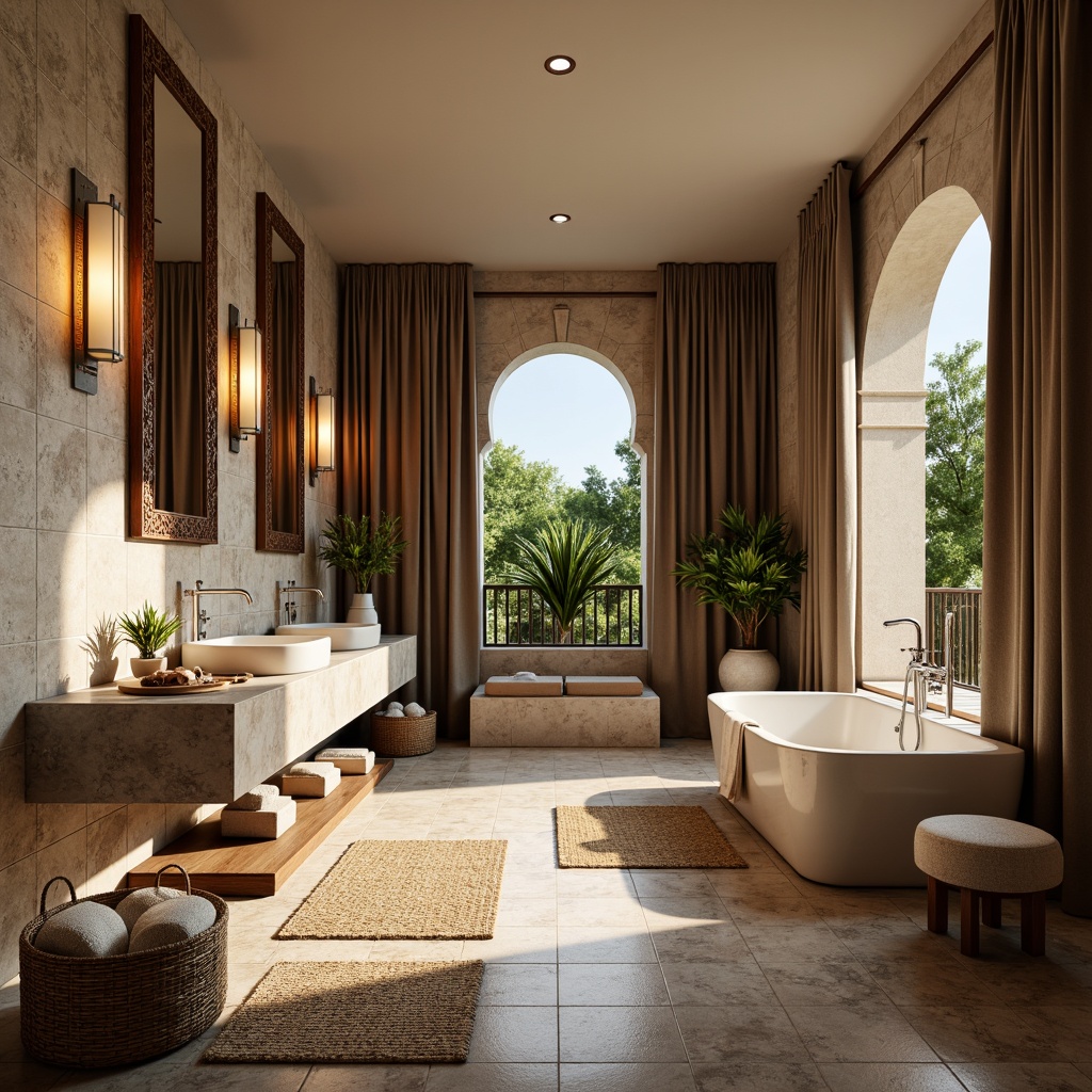 Prompt: Luxurious bathroom, marble countertops, soft plush towels, woven baskets, natural fiber rugs, Moroccan-inspired tiles, earthy color palette, warm ambient lighting, gentle water features, freestanding tubs, chrome faucets, minimalist showerheads, geometric patterned fabrics, velvet drapes, ornate mirrors, tropical plants, spa-like atmosphere, calming ambiance, soft focus photography, 1/1 composition, subtle texture overlay.