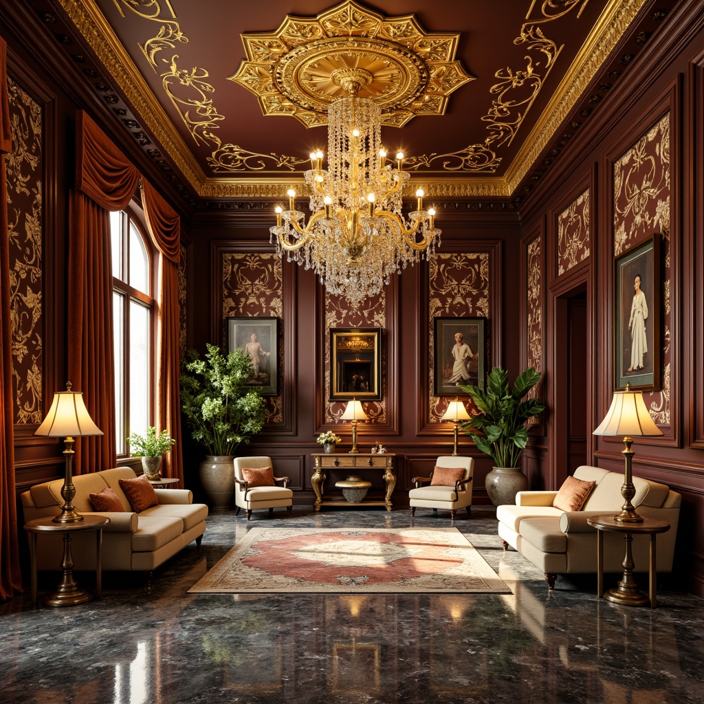 Prompt: Ornate home gym, Rococo style, lavish furnishings, golden accents, velvety drapes, marble flooring, grand chandelier, statement wallpaper, bold color scheme, luxurious textiles, accent walls, rich wood tones, carved moldings, gilded mirrors, opulent fixtures, dramatic lighting, soft focus, shallow depth of field, 1/1 composition, realistic reflections, ambient occlusion.