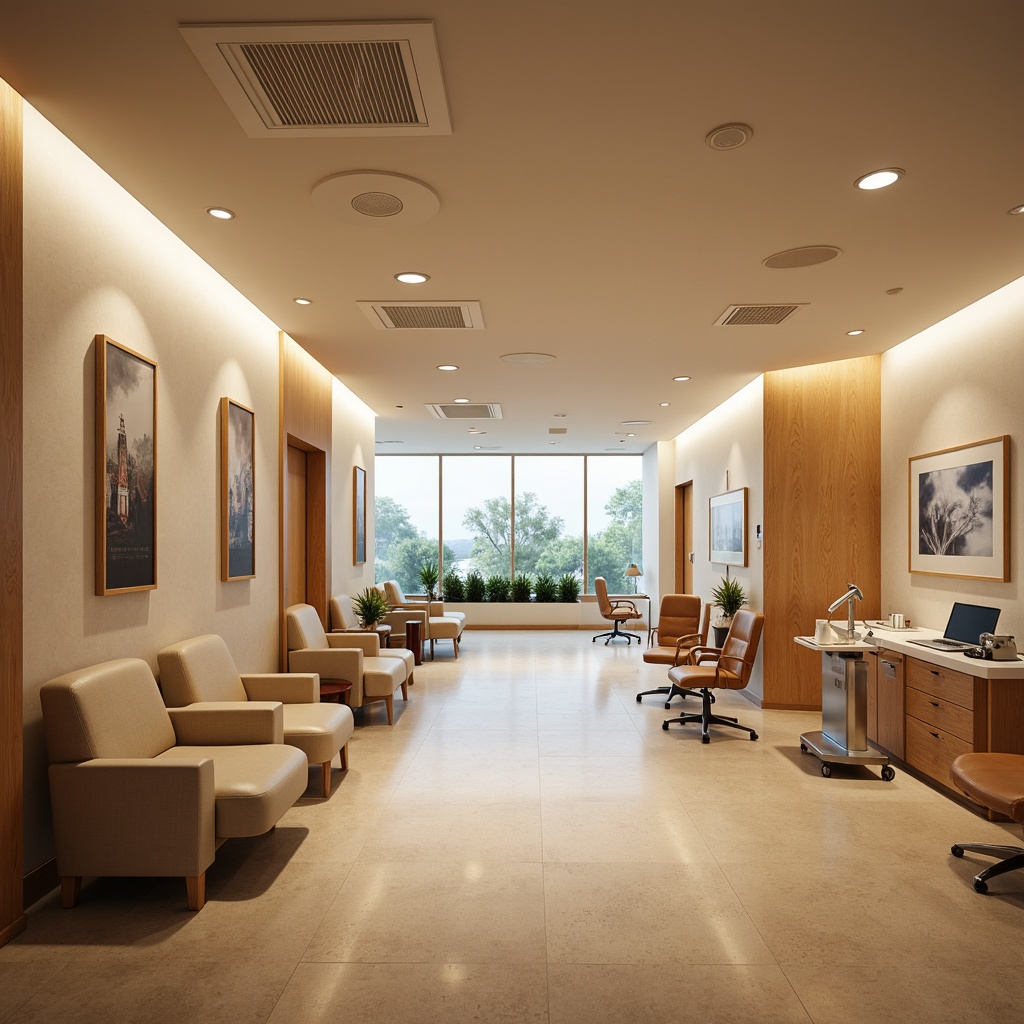 Prompt: Soothing clinic interior, warm beige walls, natural wood accents, calming ambient lighting, soft diffused LED lights, gentle spotlighting, subtle color temperature shifts, comfortable waiting areas, minimalist furniture, rounded corners, soft-close drawers, stainless steel medical equipment, modern diagnostic tools, airy open spaces, floor-to-ceiling windows, greenery views, peaceful artwork, acoustic ceiling panels, warm tone flooring, calming color palette, shallow depth of field, 1/1 composition, realistic textures, ambient occlusion.