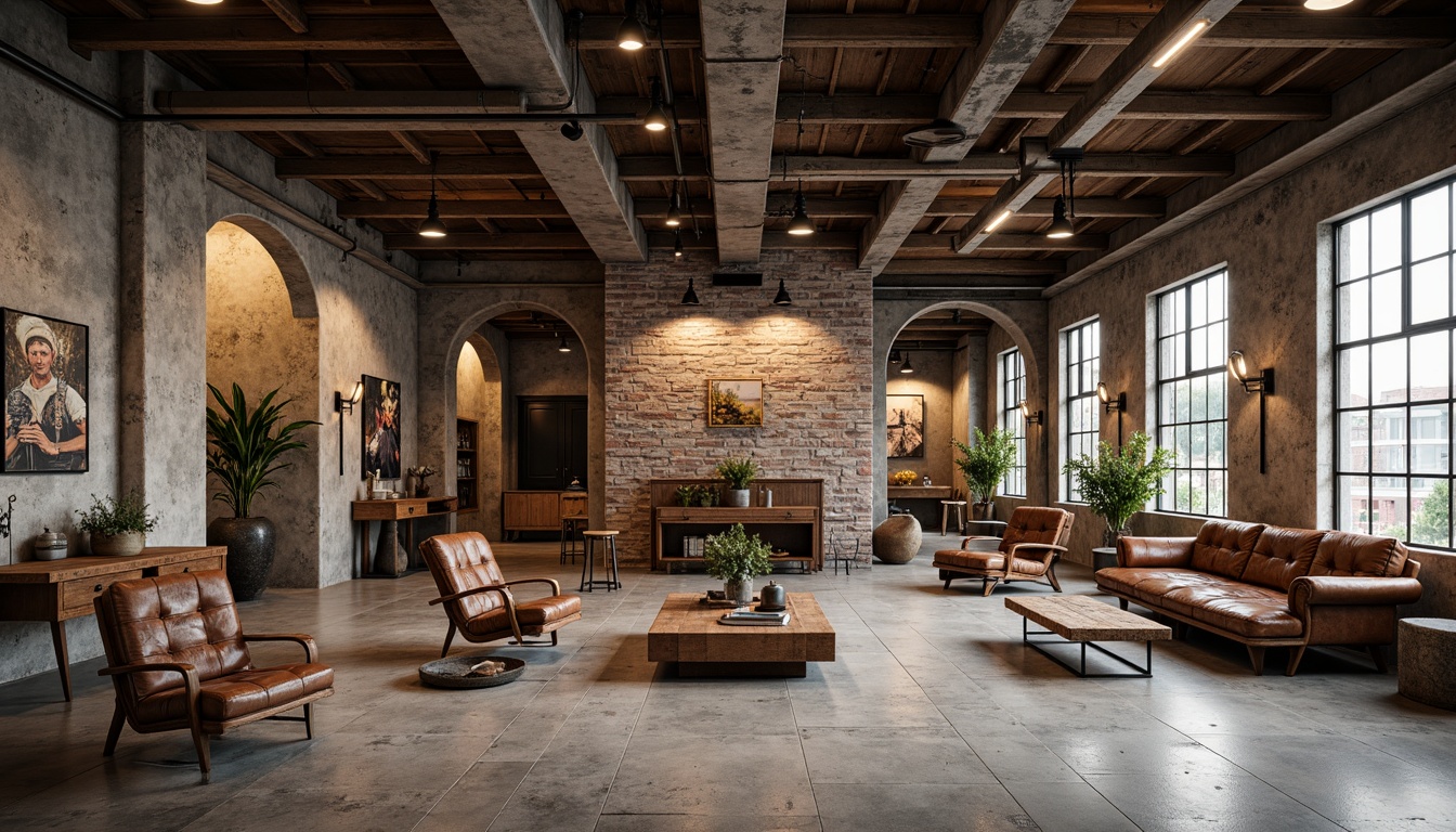 Prompt: Rustic industrial space, metal beams, concrete floors, reclaimed wood accents, vintage factory lights, distressed leather sofas, minimalist coffee tables, sleek steel chairs, edgy metal desks, urban loft atmosphere, natural textiles, earthy color palette, warm ambient lighting, shallow depth of field, 1/2 composition, realistic materials, ambient occlusion.