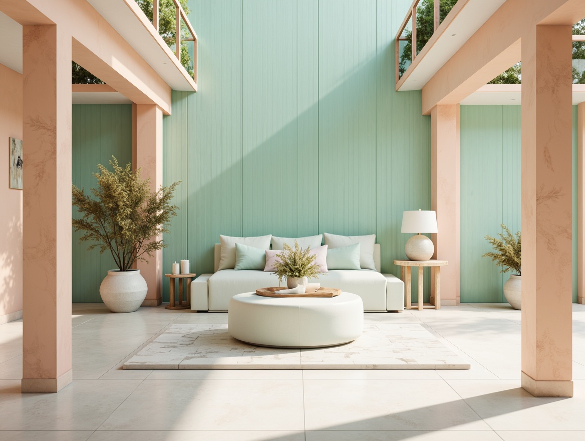 Prompt: Pastel hues, soft peach tones, calming mint greens, creamy whites, warm beige accents, gentle lavender shades, rich turquoise blues, subtle gold metallics, natural wood textures, elegant marble patterns, soothing ambient lighting, shallow depth of field, 2/3 composition, symmetrical balance, realistic reflections, atmospheric perspective.