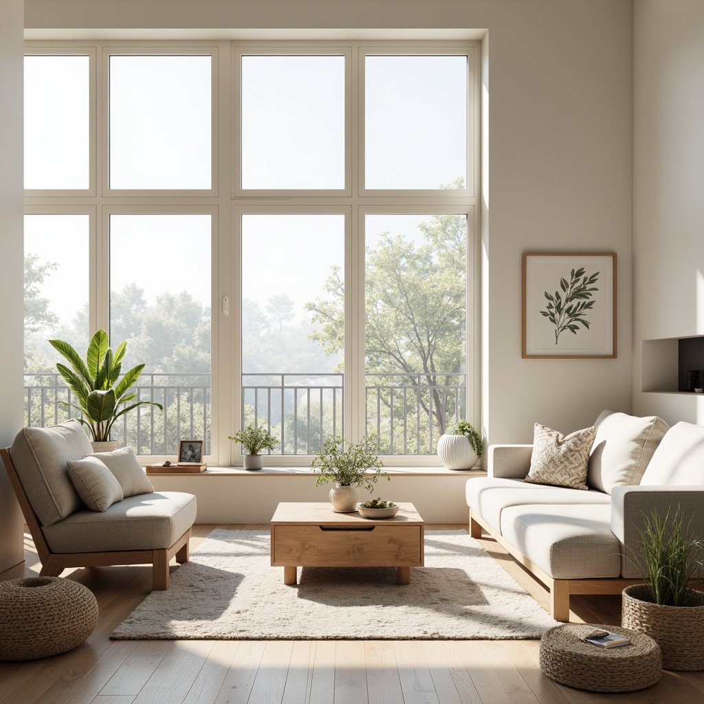 Prompt: Minimalist Scandinavian interior, soft natural light, large windows, white walls, wooden floors, Nordic-inspired furniture, cozy textiles, pastel-colored accents, botanical prints, greenery, peaceful ambiance, warm atmosphere, soft shadows, gentle highlights, 1/1 composition, shallow depth of field, realistic textures, ambient occlusion.