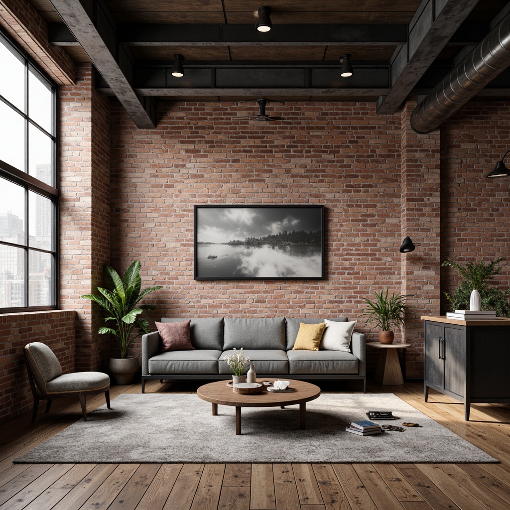 Prompt: Exposed brick walls, metal beams, reclaimed wood flooring, industrial-style lighting fixtures, urban loft atmosphere, distressed concrete textures, metallic color palette, functional decor, factory-inspired furniture, minimalist aesthetic, neutral tone background, soft natural light, shallow depth of field, 1/1 composition, realistic render, ambient occlusion.