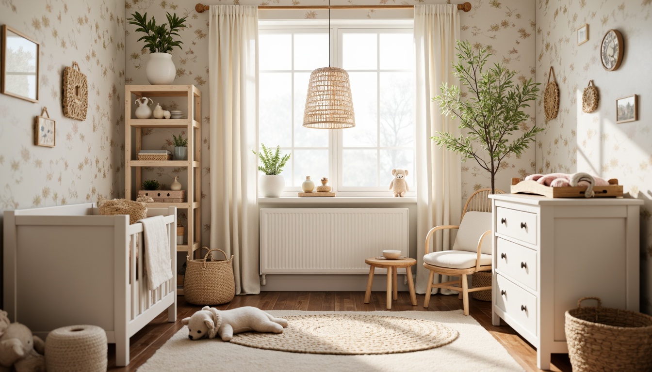 Prompt: Whimsical nursery, soft pastel colors, rustic wood accents, vintage baby furniture, woven baskets, natural fabrics, distressed finishes, earthy tones, creamy whites, warm beige, gentle lighting, shallow depth of field, 1/1 composition, intimate framing, cozy atmosphere, textured wallpapers, nature-inspired patterns, floral motifs, tender color palette, soft focus, warm glow.