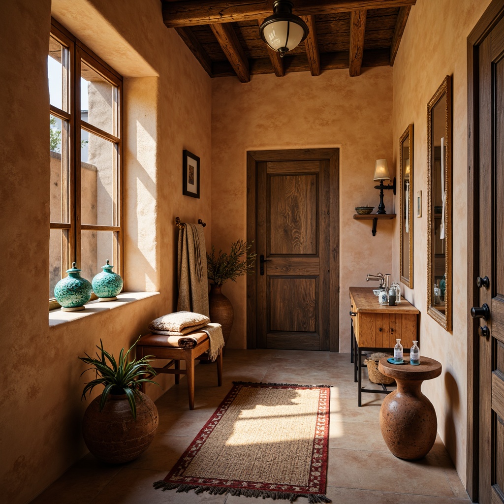 Prompt: Rustic southwestern powder room, distressed wood accents, ornate metal fixtures, turquoise glass vases, woven Native American-inspired textiles, earthy terracotta pottery, natural fiber rugs, adobe-style architecture, warm golden lighting, shallow depth of field, 1/1 composition, intimate space, vintage perfume bottles, antique furniture pieces, soft warm color palette, ambient occlusion.