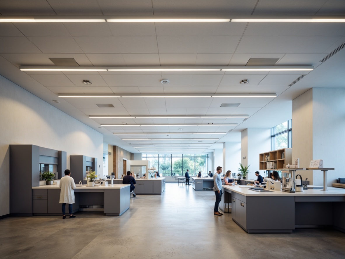 Prompt: Fluorescent ceiling lights, soft warm glow, neutral color temperatures, suspended linear fixtures, minimalist design, functional task lighting, adjustable track lights, high-bay LED lights, laboratory workbenches, scientific equipment, academic atmosphere, modern institutional architecture, polished concrete floors, white walls, minimal decor, subtle ambient illumination, 1/1 composition, realistic textures, soft focus blur.