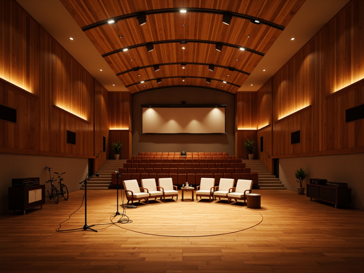 Prompt: Warm amber lighting, mid-century modern auditorium, wooden paneling, curved lines, retro-inspired furniture, vintage microphones, spotlights, dramatic shadows, warm beige tones, rich walnut accents, minimalist decor, sleek metal fixtures, adjustable stage lights, softbox lighting, 3-point lighting setup, high-contrast ratio, cinematic ambiance, dynamic color temperature, realistic textures, ambient occlusion.