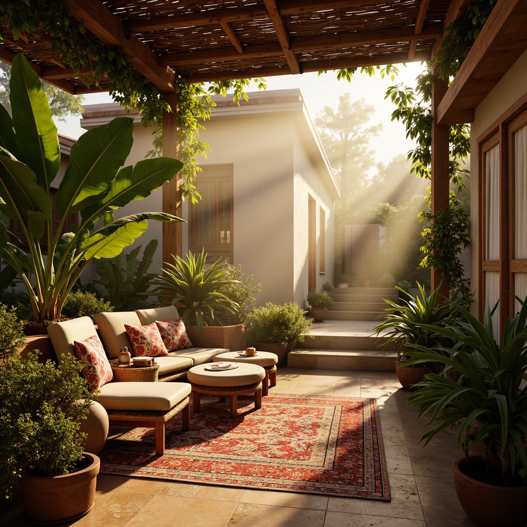 Prompt: Warm tropical ambiance, soft golden lighting, lush greenery, exotic flowers, rustic wooden accents, natural stone walls, woven rattan furniture, vibrant colorful textiles, intricate tribal patterns, misty atmosphere, subtle fog effects, warm sunny day, shallow depth of field, 1/1 composition, realistic textures, ambient occlusion.