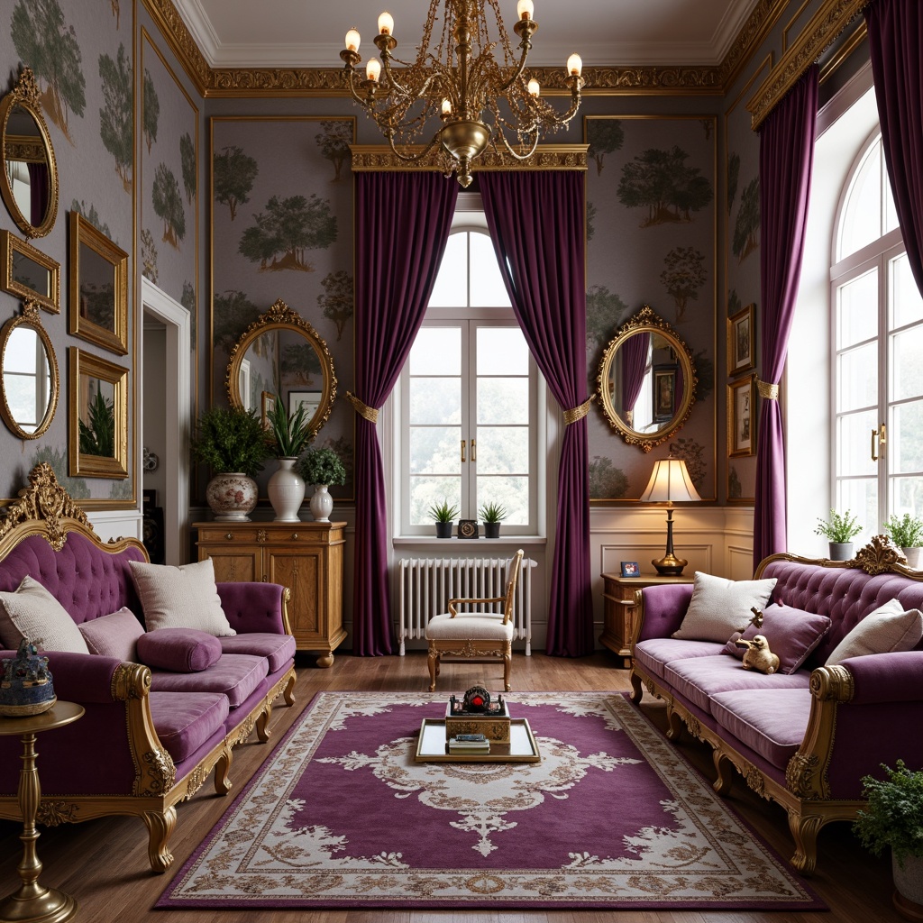 Prompt: Whimsical kid's room, richly ornamented furniture, velvet upholstery, intricately carved wooden frames, plush cushions, golden accents, ornate mirrors, fairy-tale inspired wall murals, soft warm lighting, luxurious drapes, antique-style toys, vintage books, nostalgic trinket boxes, floral patterns, delicate lace curtains, ornamental clocks, regal purple hues, creamy whites, opulent fabrics, classic 19th-century architecture, stately mansion, grandiose chandeliers.