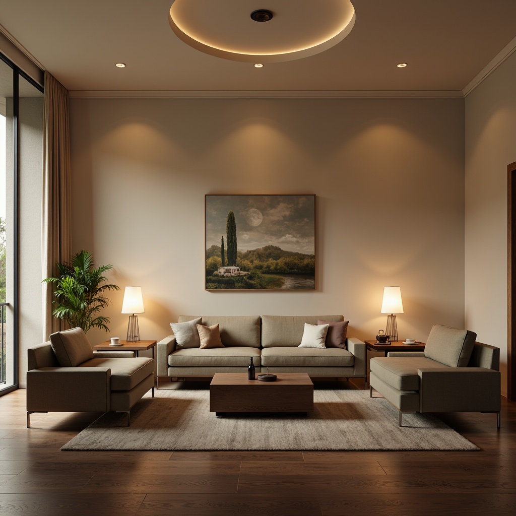 Prompt: Minimalist living room, sleek low-profile sofas, polished chrome legs, rectangular coffee tables, ambient floor lamps, cylindrical pendant lights, warm beige walls, dark wood flooring, minimalist decor, greenery accents, natural textiles, subtle color palette, softbox lighting, 1/2 composition, cinematic depth of field, realistic reflections.