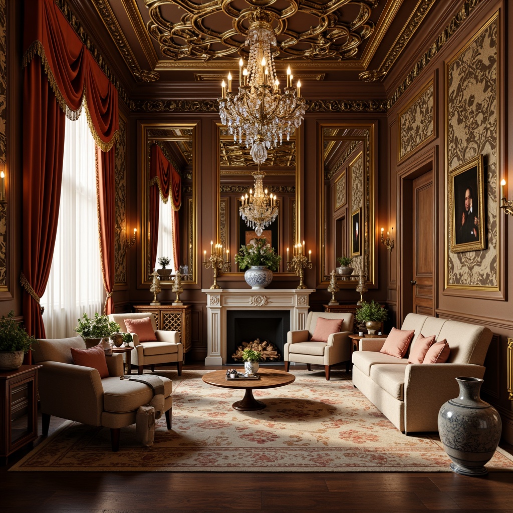 Prompt: Opulent palace interior, lavish furnishings, intricately carved wood panels, gilded moldings, ornate mirrors, crystal chandeliers, velvet drapes, satin upholstery, delicate porcelain vases, intricate patterns, soft warm lighting, shallow depth of field, 1/1 composition, realistic textures, ambient occlusion.