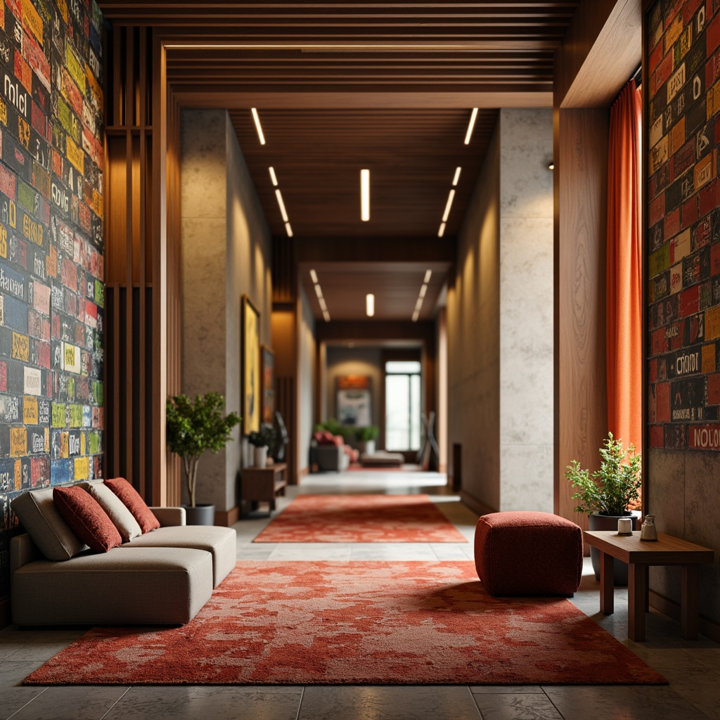 Prompt: Tactile wall surfaces, rough stone textures, smooth wooden panels, vibrant colorful murals, intricate mosaic patterns, natural fiber rugs, plush velvet fabrics, metallic accents, ambient lighting effects, warm golden hues, soft focus blur, shallow depth of field, 1/2 composition, realistic normal mapping, detailed surface bumping.