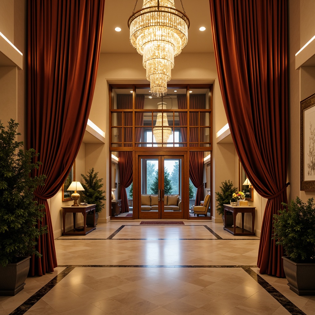 Prompt: Grand foyer, high ceiling, crystal chandelier, warm ambient lighting, soft golden glow, elegant wooden doors, ornate metalwork, luxurious velvet drapes, polished marble floor, reflective surfaces, dramatic shadows, cozy atmosphere, inviting warmth, bright overhead lights, LED strip lights, subtle color gradations, realistic materials, detailed textures, shallow depth of field, 1/2 composition, symmetrical framing.