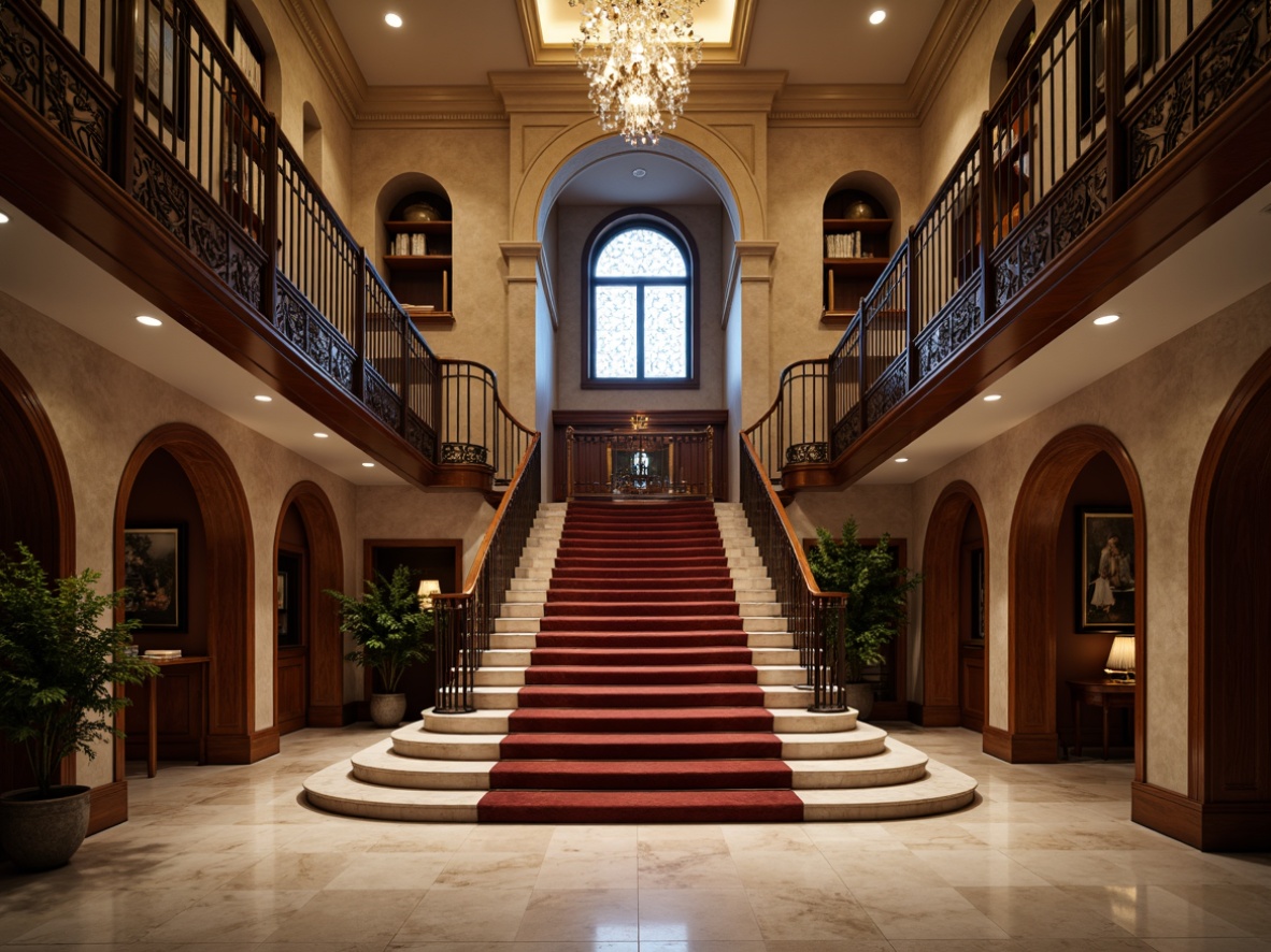 Prompt: Grand staircase, ornate balusters, intricately carved railings, polished marble steps, decorative metalwork, richly toned wood paneling, elegant newel posts, refined classical motifs, subtle arches, sophisticated molding details, luxurious velvet upholstery, dramatic chandelier lighting, soft warm glow, shallow depth of field, 1/1 composition, realistic textures, ambient occlusion.