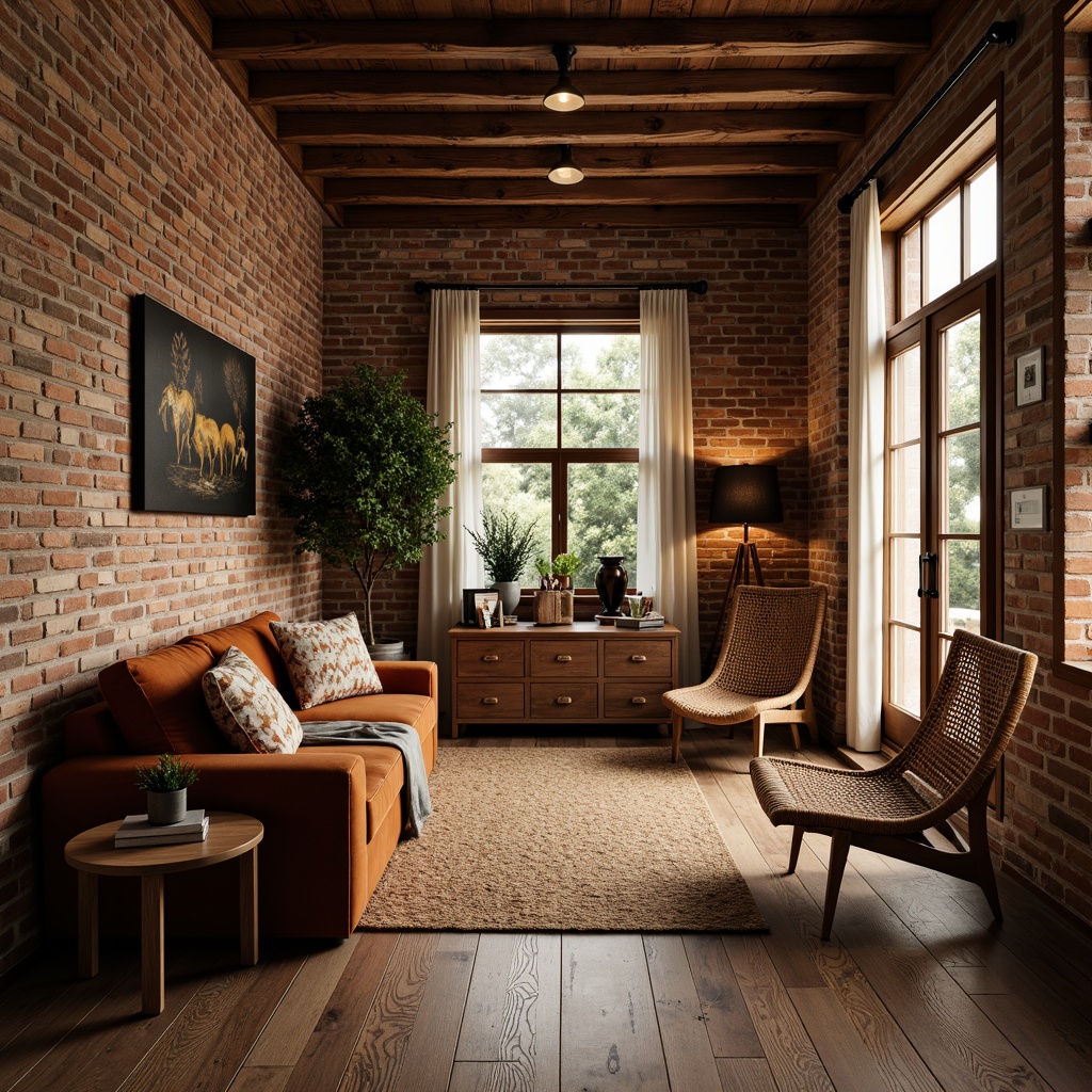 Prompt: Cozy interior space, wooden floorboards, rustic brick walls, plush velvet sofas, woven rattan armchairs, natural fiber rugs, earthy tone color palette, warm soft lighting, shallow depth of field, 1/1 composition, realistic textures, ambient occlusion, richly detailed fabrics, intricate wood carvings, ornate metal fixtures, inviting atmosphere, sense of comfort and relaxation.