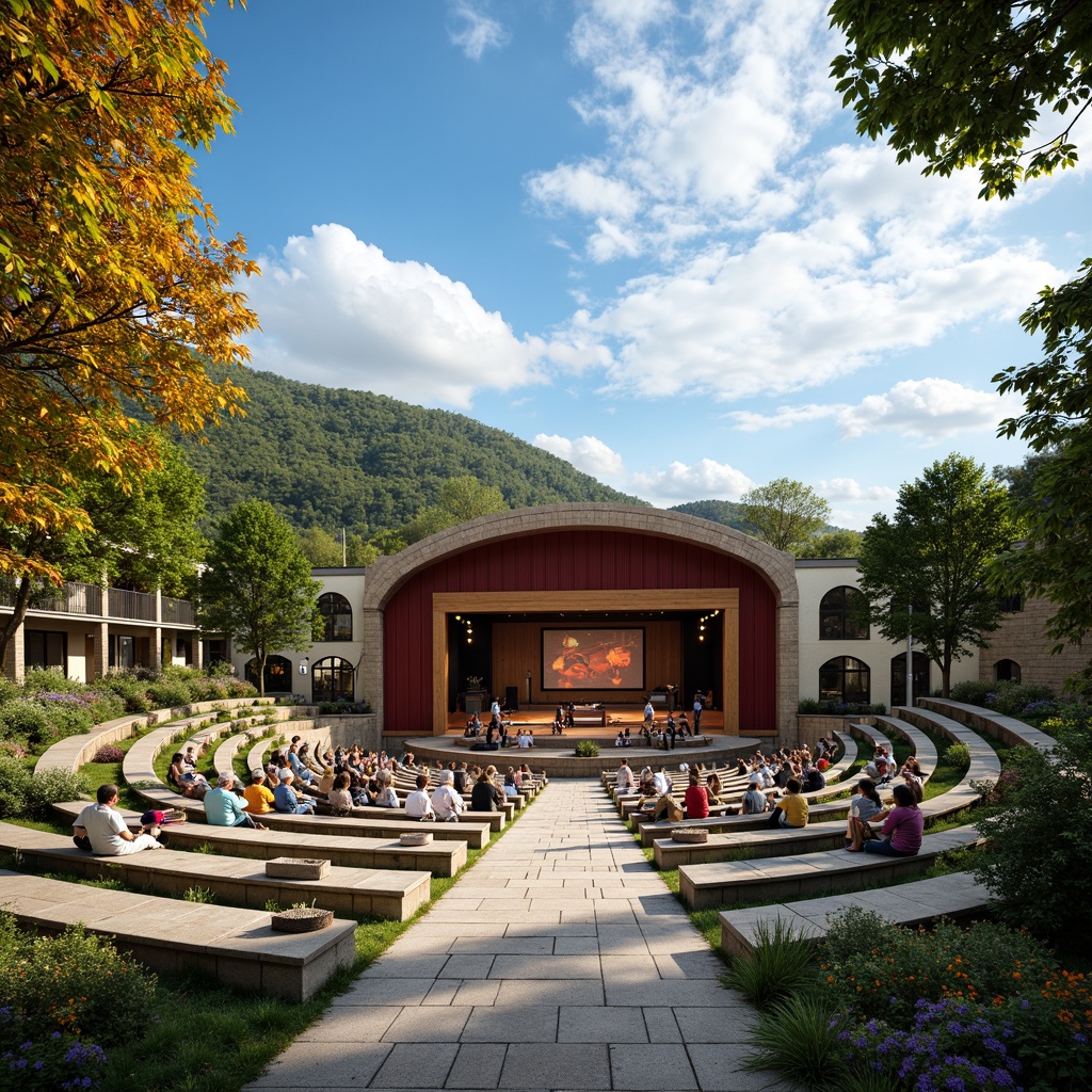 Prompt: Vibrant outdoor amphitheater, natural stone seating, lush greenery, warm sunny day, blue sky with puffy white clouds, wooden stage, modern architecture, curved lines, comfortable audience seating, acoustic sound systems, vibrant color palette, bold red accents, earthy brown tones, calming blue hues, energetic yellow highlights, soft warm lighting, shallow depth of field, 3/4 composition, panoramic view, realistic textures, ambient occlusion.