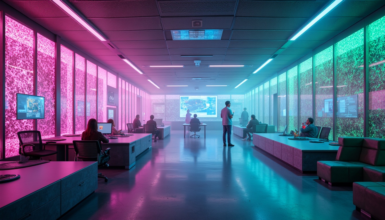 Prompt: Futuristic educational institute interior, neon-lit corridors, iridescent accents, holographic displays, metallic surfaces, glowing blue lines, sleek minimalist furniture, ergonomic chairs, virtual reality zones, immersive learning environments, augmented reality interfaces, futuristic laboratories, high-tech equipment, LED lighting systems, atmospheric fog effects, misty ambiance, vibrant pink and green color palette, electric blue hues, dynamic pattern projections, 3D visualizations, shallow depth of field, panoramic view, realistic reflections, ambient occlusion.