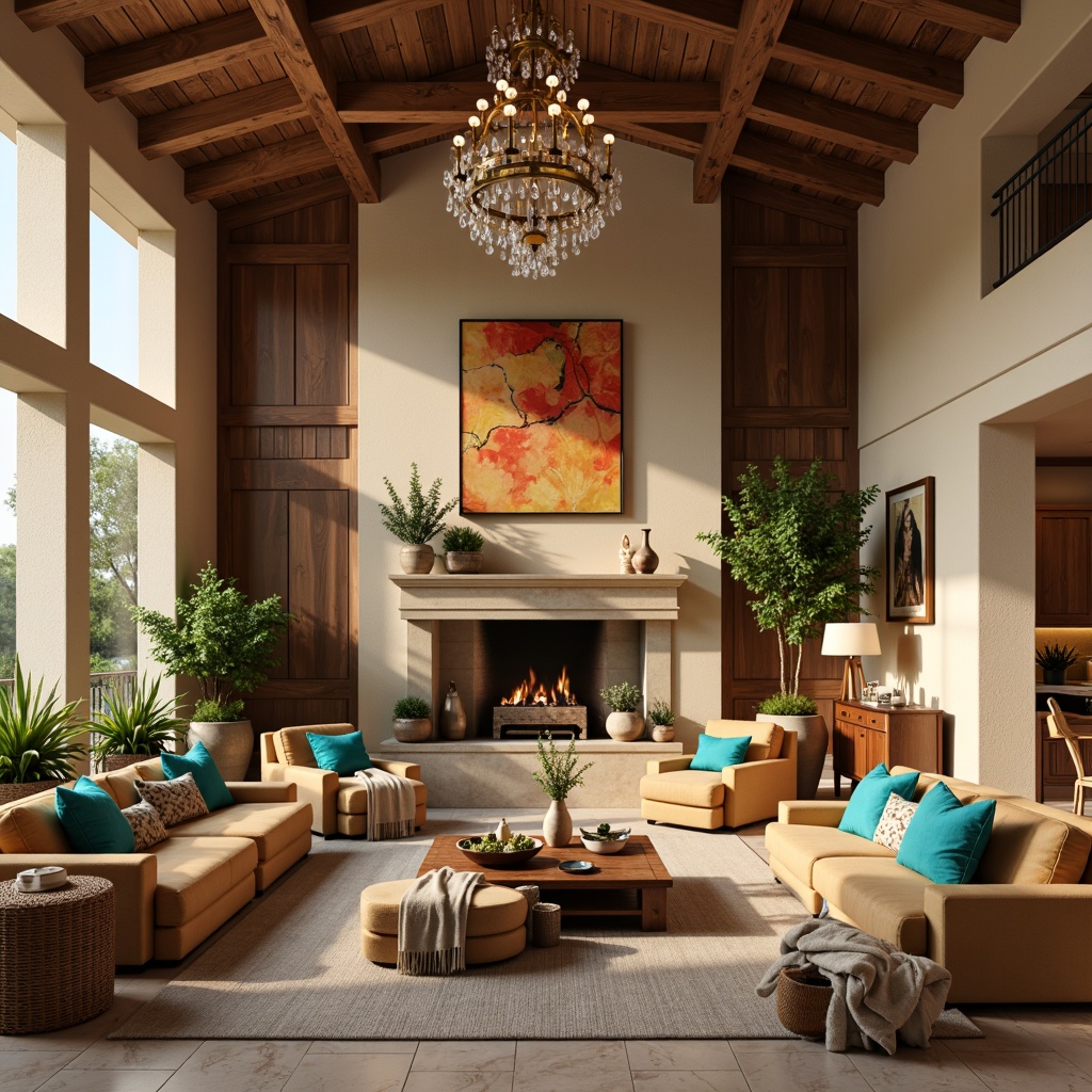 Prompt: Cozy living room, warm beige walls, rich walnut wood accents, plush velvet sofas, soft golden lighting, inviting earthy tones, natural stone fireplace, comfortable oversized armchairs, vibrant turquoise decorative pillows, lush greenery, woven wicker baskets, creamy white marble countertops, elegant crystal chandeliers, warm terracotta flooring, rustic wooden beams, airy open spaces, 1/1 composition, soft focus, realistic textures.