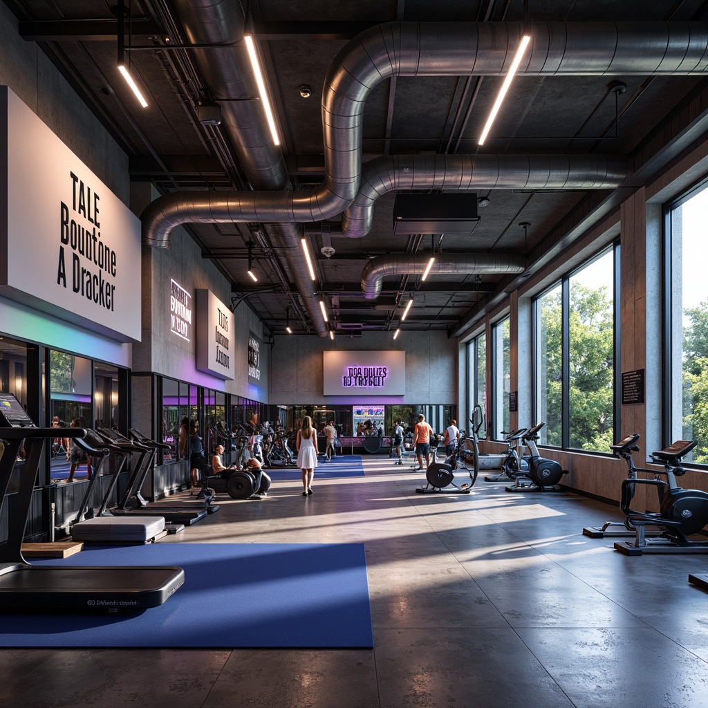 Prompt: Modern home gym, industrial-style lighting fixtures, exposed ductwork, metal beams, concrete floors, motivational quotes, fitness equipment, free weights, treadmills, exercise bikes, mirrored walls, rubber flooring, sound-absorbing panels, natural light, large windows, LED strip lights, color-changing ambiance, high-contrast lighting, 1/2 composition, softbox lighting, realistic shadows, ambient occlusion.