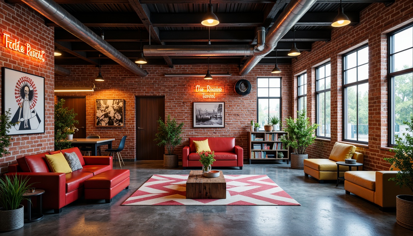 Prompt: Industrial warehouse, exposed brick walls, metal beams, polished concrete floors, vibrant color accents, bold graphic patterns, neon signs, eclectic furniture pieces, reclaimed wood decor, Edison bulb lighting, urban loft atmosphere, natural light pouring in, 3/4 composition, shallow depth of field, realistic textures, ambient occlusion.