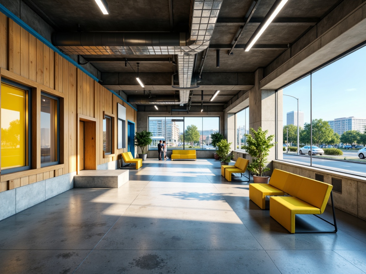 Prompt: Modern bus station interior, industrial chic aesthetic, exposed ductwork, polished concrete floors, sleek metal benches, vibrant yellow accents, calming blue tones, neutral beige walls, warm wooden textures, urban landscape views, natural light pouring in, shallow depth of field, 1/2 composition, realistic reflections, ambient occlusion.