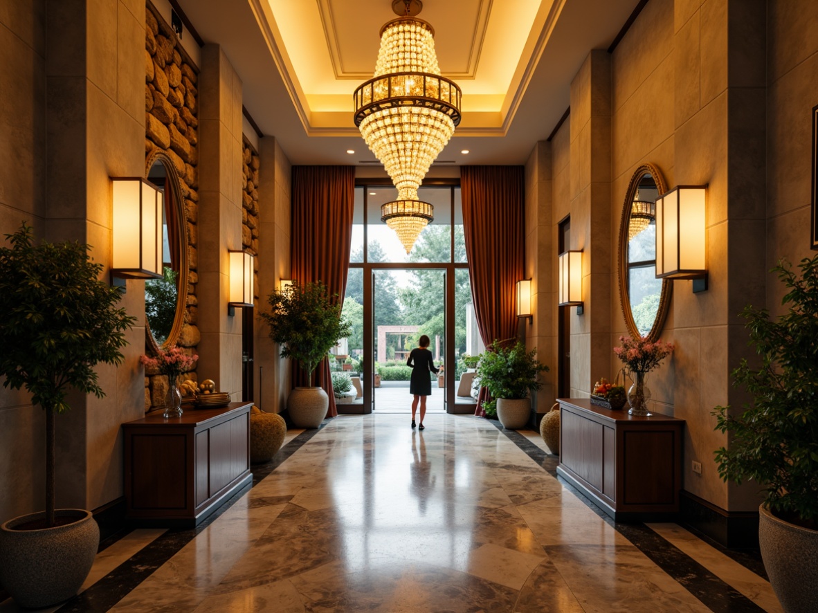 Prompt: Grand entrance, high ceiling, ornate chandelier, warm golden lighting, soft glowing ambiance, elegant wall sconces, luxurious marble flooring, decorative mirrors, lavish furnishings, inviting console table, vibrant greenery, natural stone walls, modern abstract art, dramatic shadows, cinematic contrast, 1/2 composition, shallow depth of field, realistic reflections.