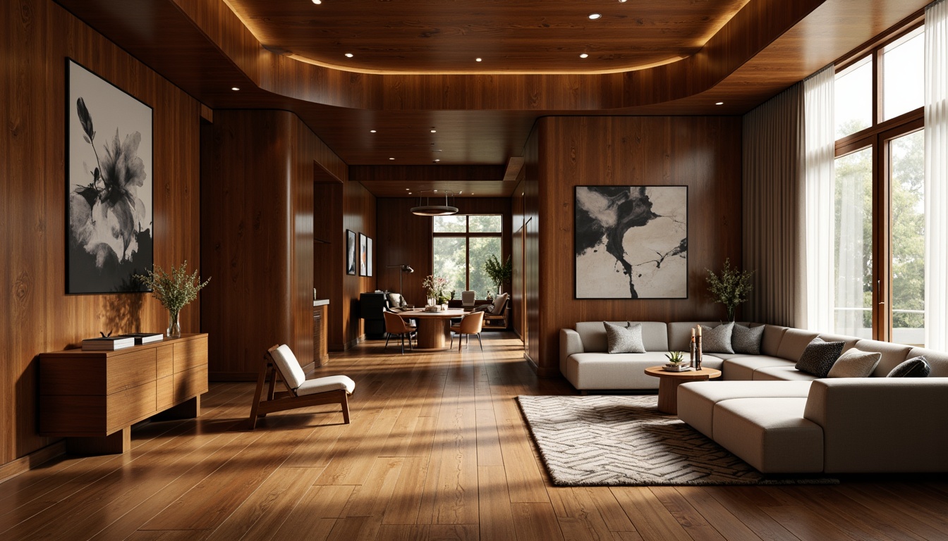 Prompt: Glossy wood flooring, metallic accents, curved lines, minimalist decor, rounded shapes, smooth surfaces, monochromatic color scheme, high-gloss finishes, polished chrome fixtures, geometric patterns, abstract artwork, indirect lighting, soft ambient glow, 3/4 composition, shallow depth of field, realistic reflections, luxurious textures, elegant atmosphere.